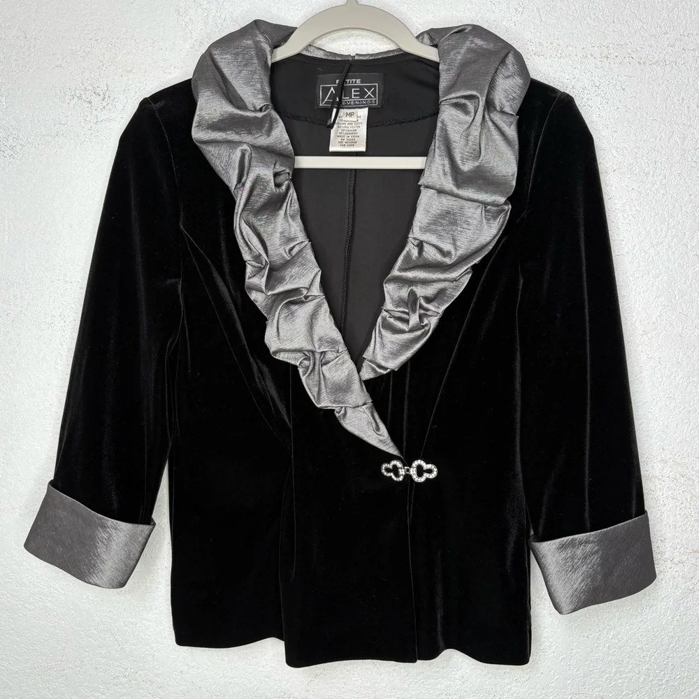 Whimsigoth  Velvet Jacket MP Rhinestone Clasp, Metallic Ruffle Fairy Grunge 90s - Picture 2 of 13